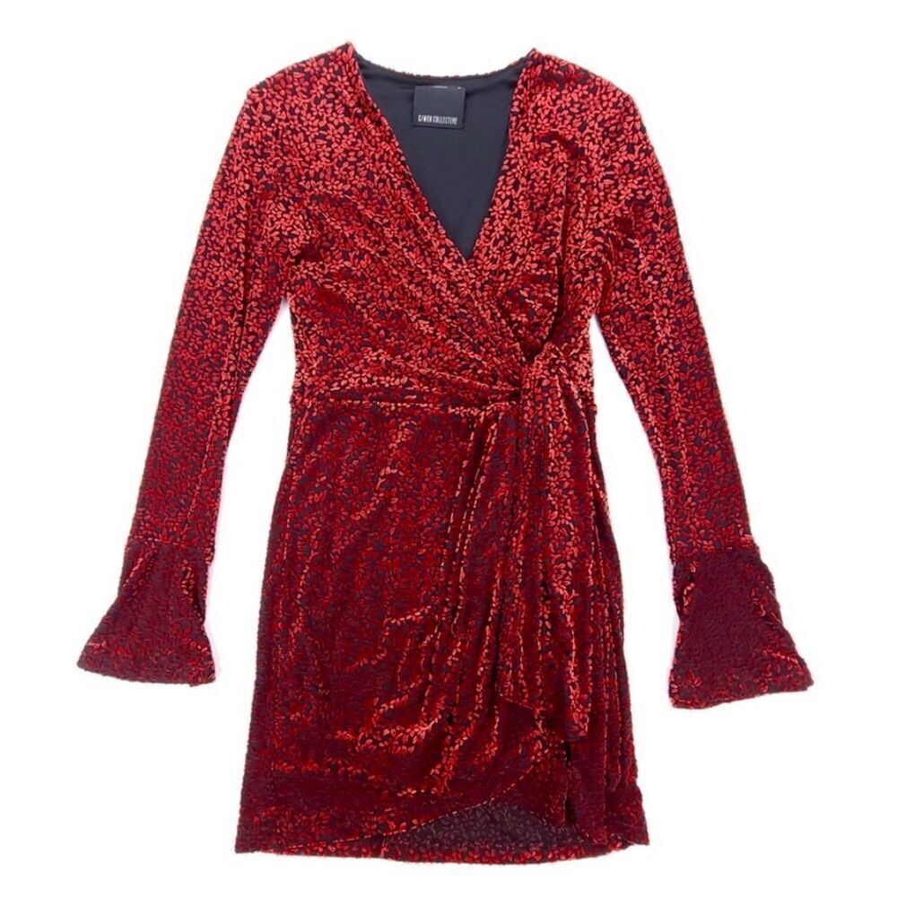 NEW C/Meo Breakthrough Red Velvet Whimsigoth Bell Sleeve Faux Wrap Mini Dress XS